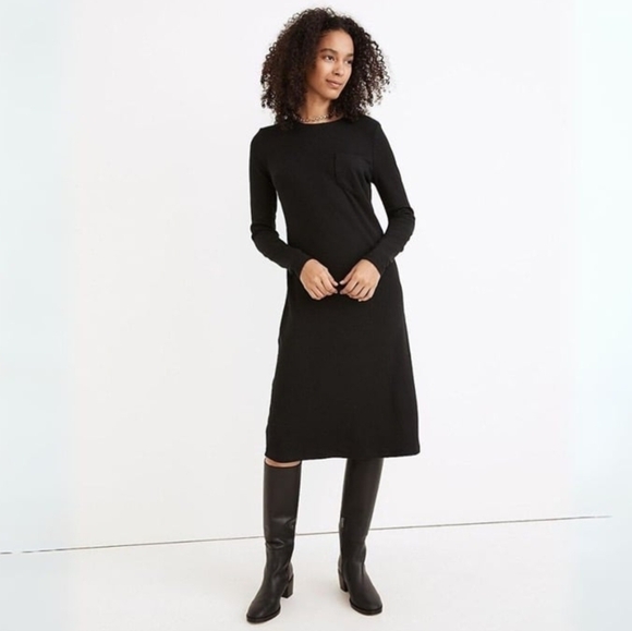 Madewell Dresses & Skirts - Madewell Long Sleeve Relaxed Fit Ribbed Pocket Detail Tee Midi Dress in Black M